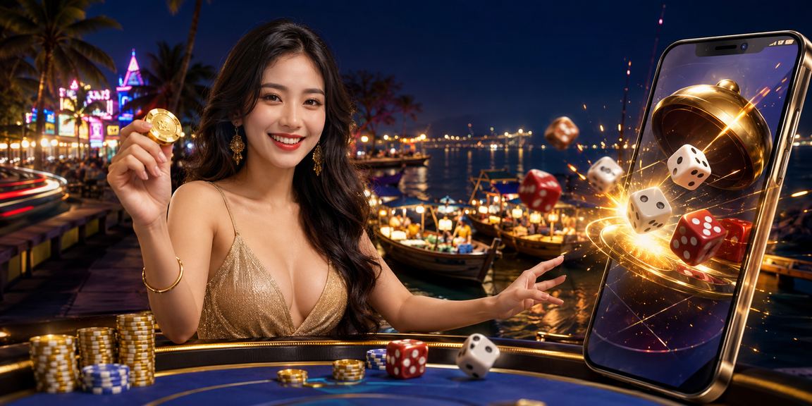 Bãi biển Mũi Né buổi chiều, hình ảnh xúc xắc tài xỉu và điện thoại đặt kèo trực tuyến