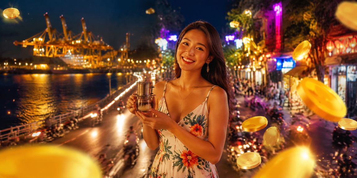 Khách ngồi cà phê tại Vũng Tàu, tay cầm điện thoại xem kết quả jackpot betvip
